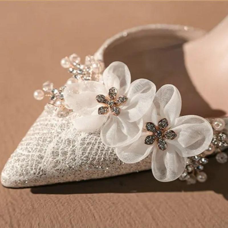 Scarpe da Sposa Donna Glitter Champagne Tacco Alto con Decorazione Fiore Perla Eleganti Scarpe a Punta Slingback per Festa Nuziale