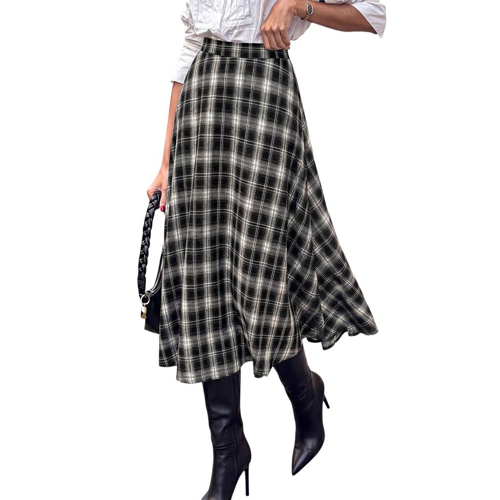 Women's Vintage Plaid High-Waist A-Line Casual Midi Skirt