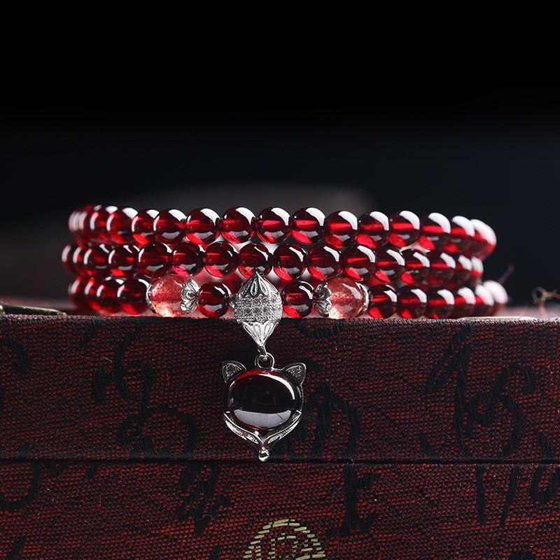 Natural Garnet Stone Bracelet Women Ethnic Style Handmade Crystal Jewelry Bohemian Three-Row Beaded Wrap