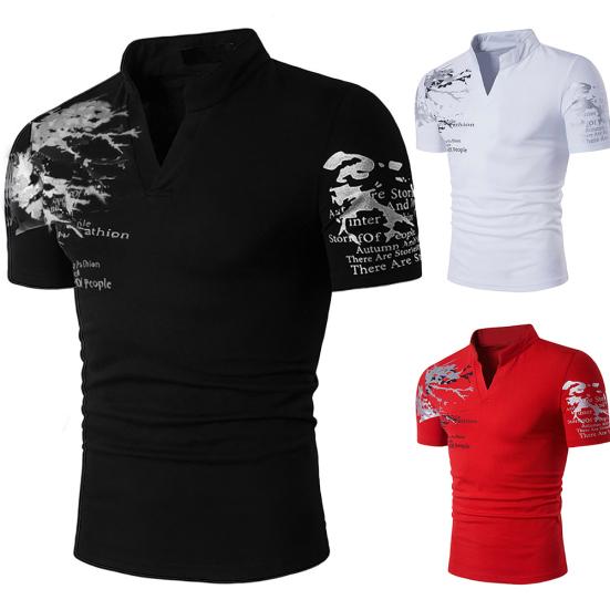Pánské letní tričko s potiskem písmen, stojáčkem, výstřihem do V, krátkým rukávem, slim fit top