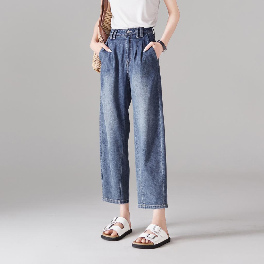 Double pleated high waisted jeans for women in the summer of 2025, thin, fashionable, loose, versatile, and slimming Harun pants