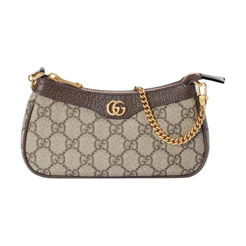 Gucci Ophidia Double G Gold Hardware Brown Leather Trim Handbag Mini Women's Beige and Ebony