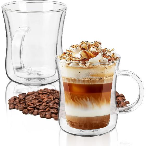 ZBEIVAN Double Walled Glass Coffee Mugs, (Set of 2) 12 Ounces Insulated Clear Glass Cups with Handle for Tea, Cappuccino, Latte, Beverage, Heat