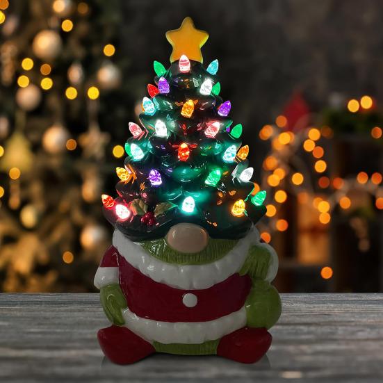 Lighted Christmas Gnome Tree Small Resin Faceless Old Man Christmas Tree Decoration for Holiday