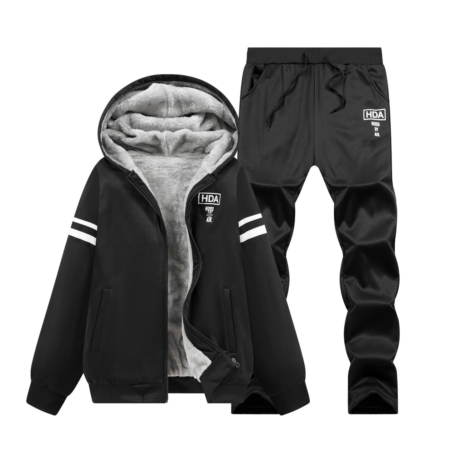

Men s Winter Thick Velvet Hoodie & Jacket Set - Warm & Casual Sportswear M чорний