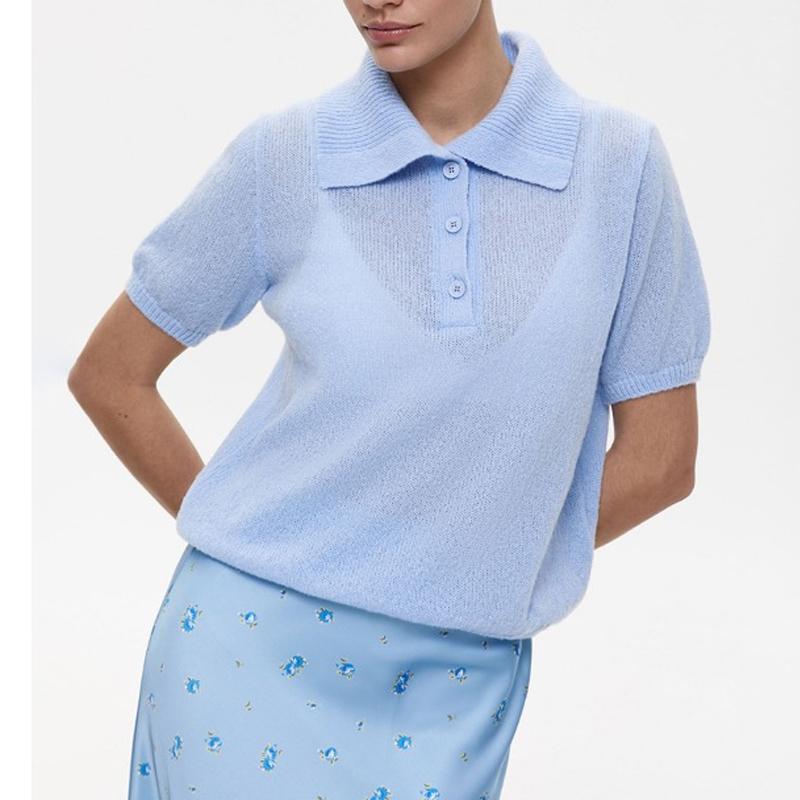 Módní pletený pulovr Dámský svetr s krátkým rukávem 2025 Jaro Léto Klopa Knoflíky Top Jednoduchý Tenký Elegantní Volný Ležérní Kancelářský Pletený Oděv