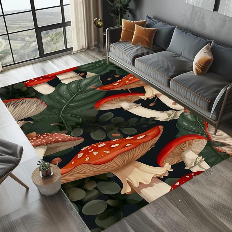 Dark Retro Cottagecore Mushroom Plant Area Rug Non Slip Floor Mat for Living Room Bedroom Whimsical Forest Home Decor
