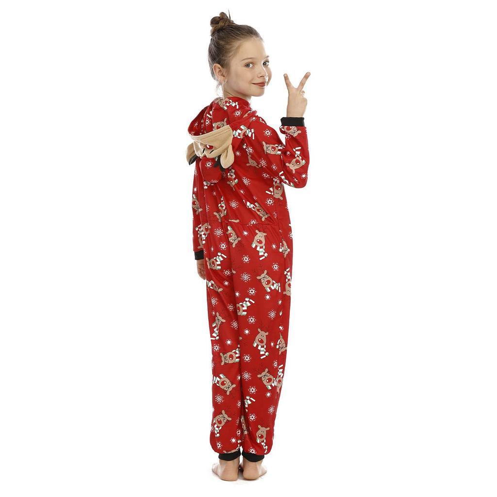 Pigiama con tuta natalizia con cappuccio Elk Loungewear, set coordinati natalizi per la famiglia