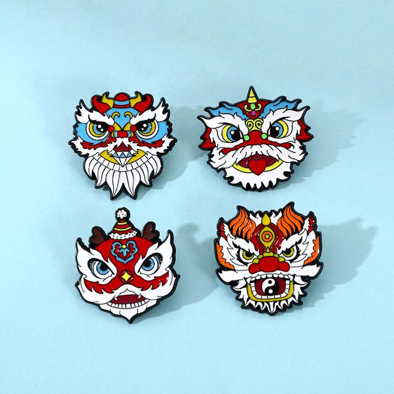 Chinese Style Cartoon Lion Dance Head Enamel Brooch Alloy National Trend Badge Pin New Year Spring Festival Clothing Decoration Accessory