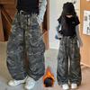 Girls' Wide-Leg Fleece Camo Cargo Pants - Retro American Style for Autumn/Winter 2025