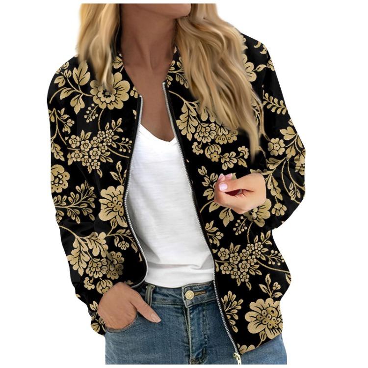 Fashionable Women Long Sleeve Casual Jacket Floral Leaf Print Round Neck Zipper