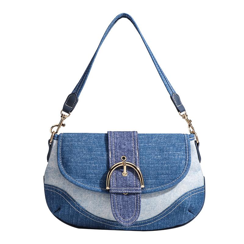 Denim Underarm Bag Women'S Spring And Summer Fashion French Splicing Canvas Pea Bag Shoulder Baguette Bag