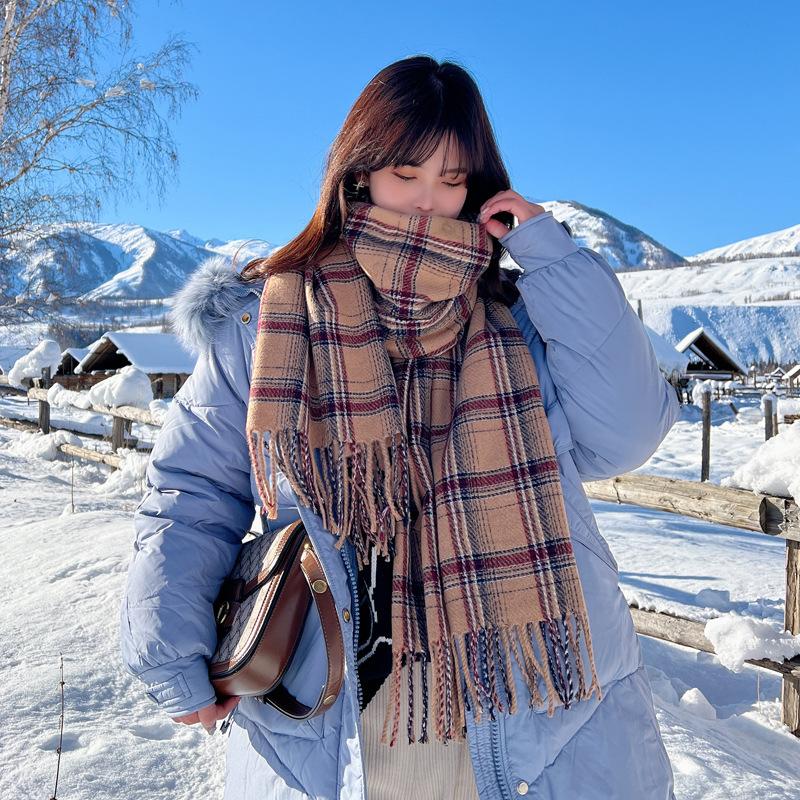 Korean Version of Japanese Fringed Plaid Scarf for Women's Autumn and Winter Imitation Cashmere Thickened Warm Neck Protection Scarf for Student 
