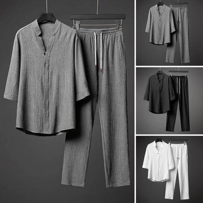 2 st/set Herr Casual Sportdräkt V-ringad Kortärmad Enkelknäppt Skjorta Elastisk Dragsko Midja Vida Ben Byxor Set Enfärgad Lös Passform Outfit