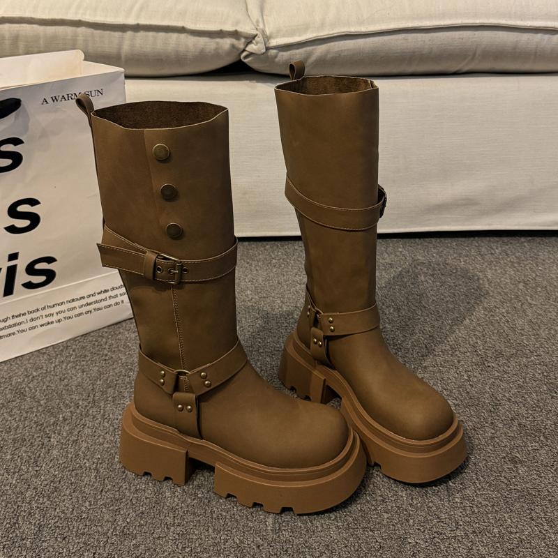 Winter Vintage Platform Woman Knight High Boots Fashion Belt Buckle Thick Sole Shoes Ladies Concise Punk Style Modern Long Botas