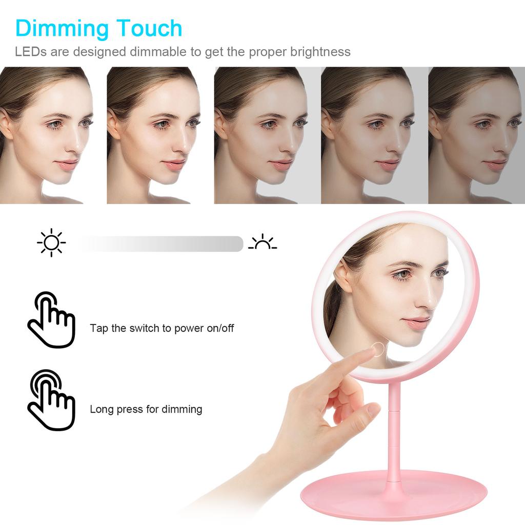 Rechargeable Round Makeup Mirror with L-ED Light Screen Switch Detachable Base Desk Makeup Mirror