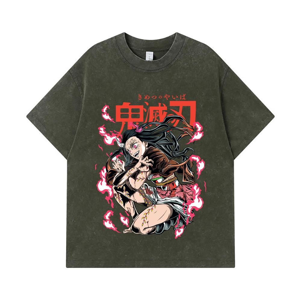 275 GSM Washed T-shirts 100% Cotton Demon Slayer V71 Nezuko Demon Print Unisex Heavy Cotton T Shirt