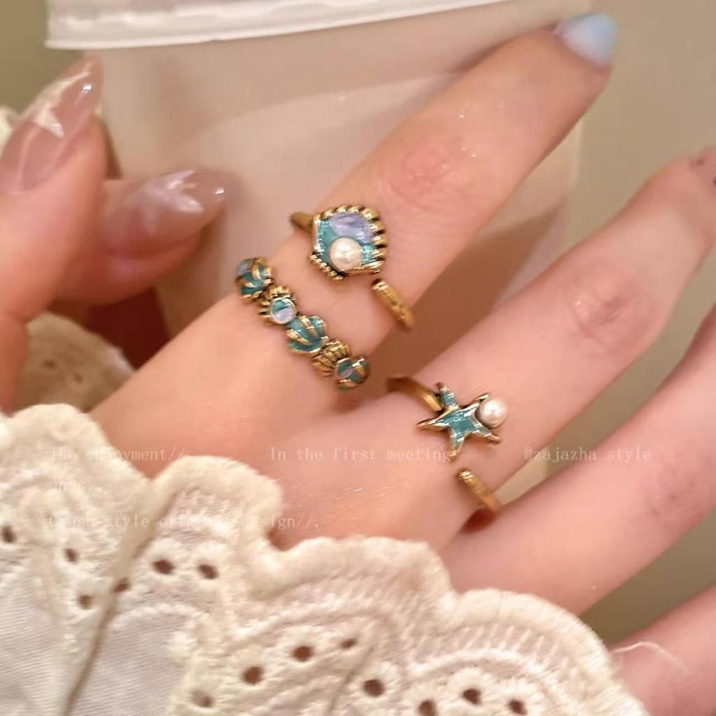 Retro Ocean Party Enamel Seashell & Pearl Starfish Ring for Women – Stackable Index Finger Jewelry