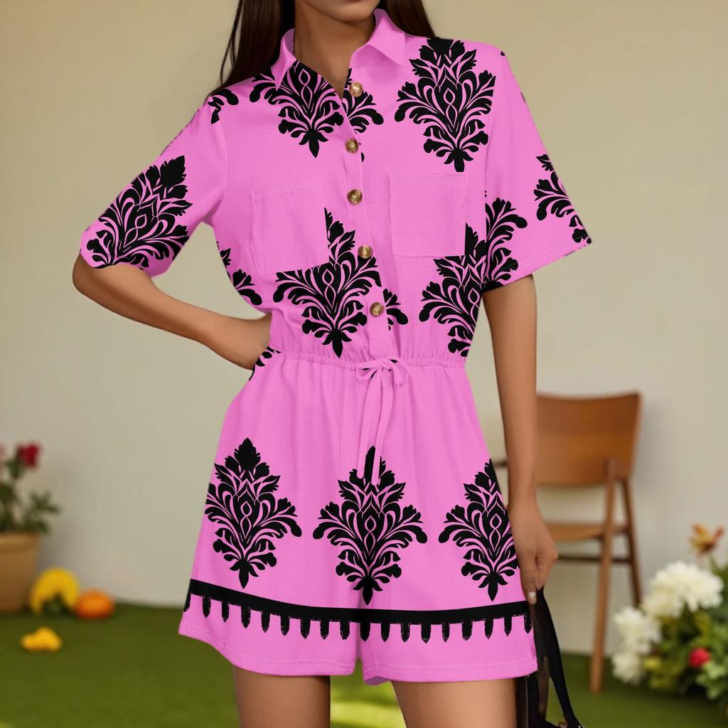 Women's Fashion V-neck Jumpsuit Plaid Casual Short Sleeve Top Jumpsuit