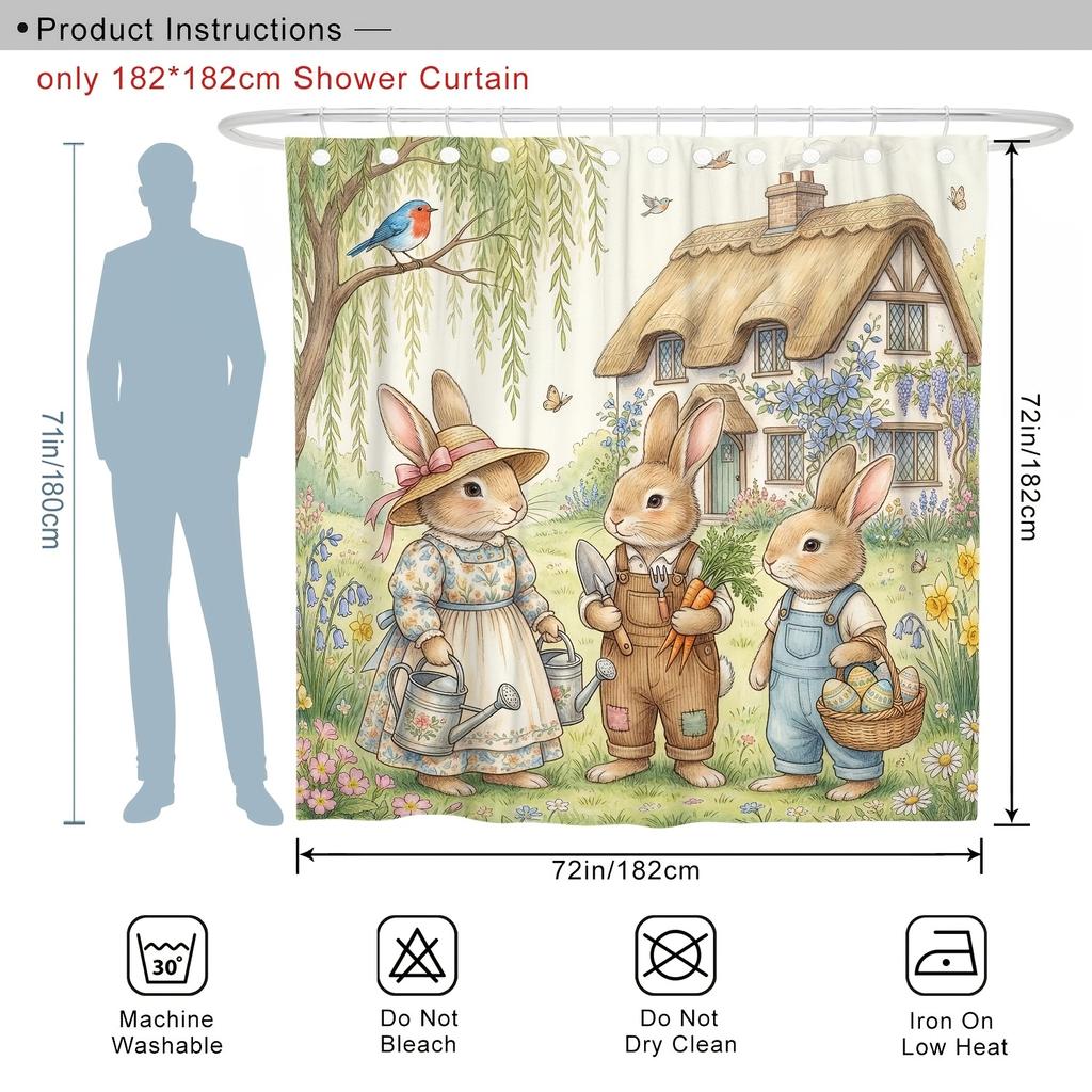 Cute Bunny Family Garden Shower Curtain Waterproof Easy To Clean Privacy Protection Print Easter Farmhouse Art Design 12 Hooks