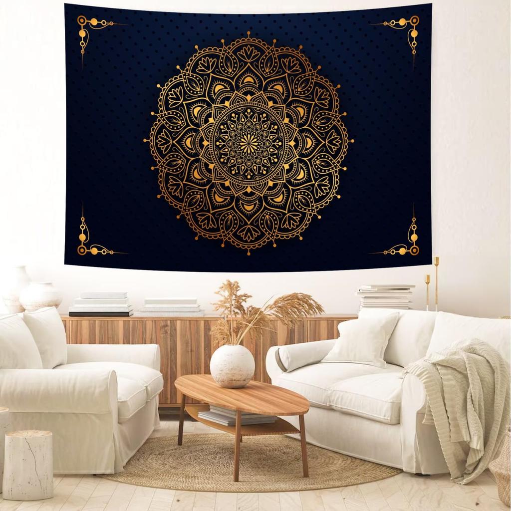 Aesthetic Boho Gold Floral Medallion Tapestry Wall Hanging Bohemian Wall Art Indian Hippie Psychedelic Headboard For Bedroom