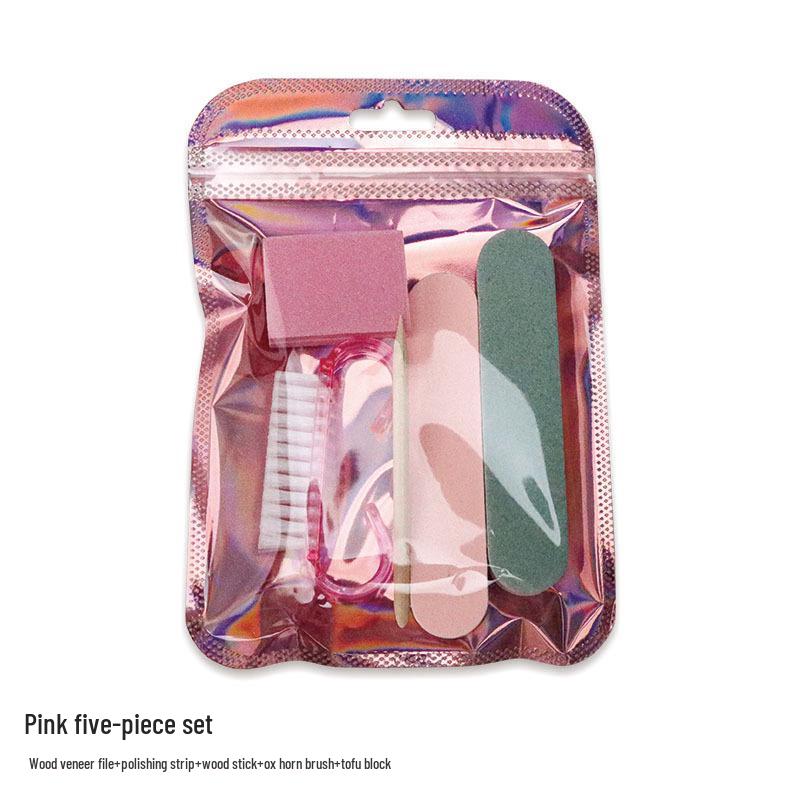 5-Piece Manicure Kit: Press-on Nail Tool with Wood Grain File, Polishing Strip, Wood Stick, Horn Brush & Sponge Block