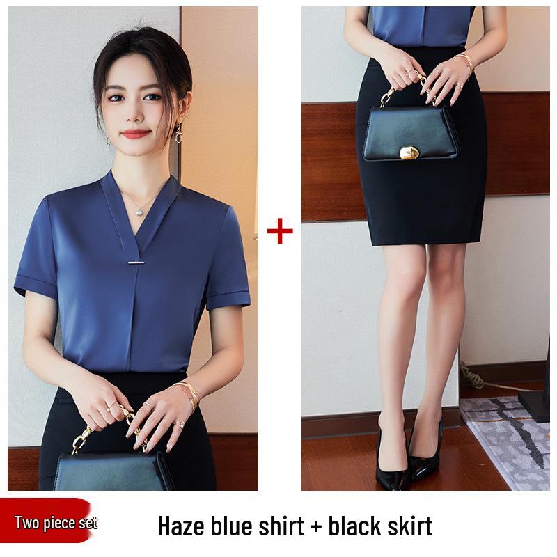 Dámská saténová halenka s krátkým rukávem a výstřihem do V: Pracovní košile odolná proti pomačkání, Slim Fit, Profesionální bílá, na léto