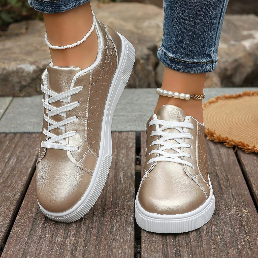 Plus Size 42 Women Gold Sliver Sneakers Spring Autumn New Women Fashion Lace-up Soft PU Leather Board Shoes Ladies Casual Shoes