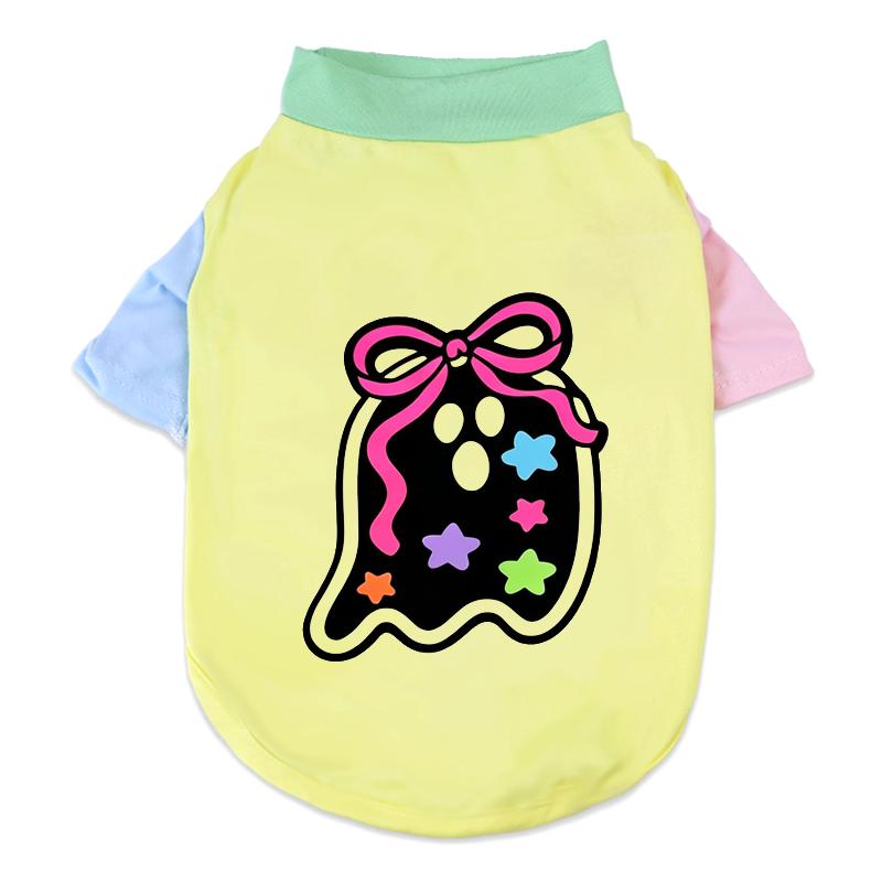 Halloween Cute Ghost Print Pet T‑Shirt Cats & Dogs Soft Cotton Clothes Outfit For Bichon French Bulldog Holiday Party Costume