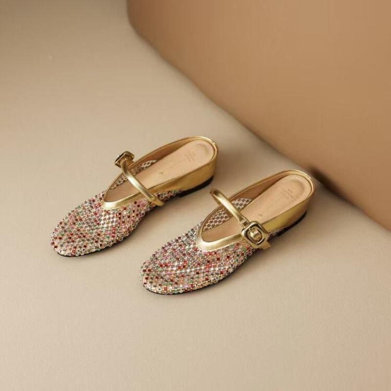 Fashion Round Head Shallow Mesh Hollow-out Breathable Wrapped Head Slippers for Women Summer Heightening Rhinestone Half Drag