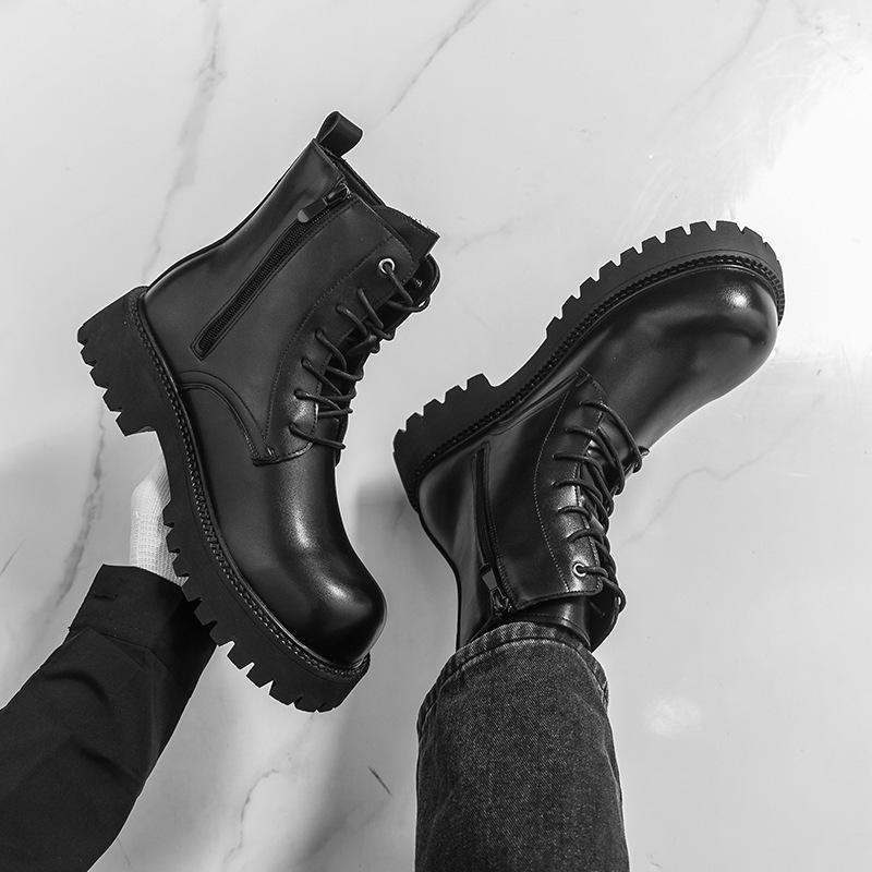 Men's Leather High-Top Martin Boots - Autumn/Winter Thick Sole, Height Increasing, British Style, Large Size