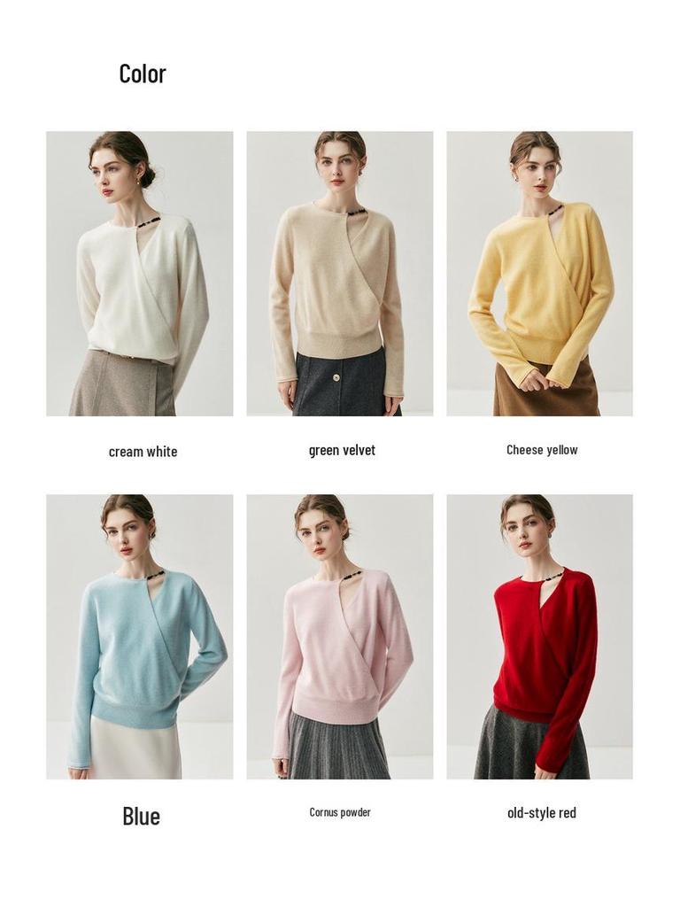 Women's Asymmetrical Cross-Collar Cashmere Sweater with Rolled Cuffs – Elegant Autumn/Winter Knitted Base Layer