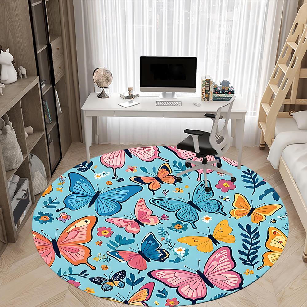 1pc Butterfly Garden Office Round Area Rug, Indoor Mat Suitable ForOffice, Under Office Chairs Bedroom Living Room Home Decor, Room Decot257