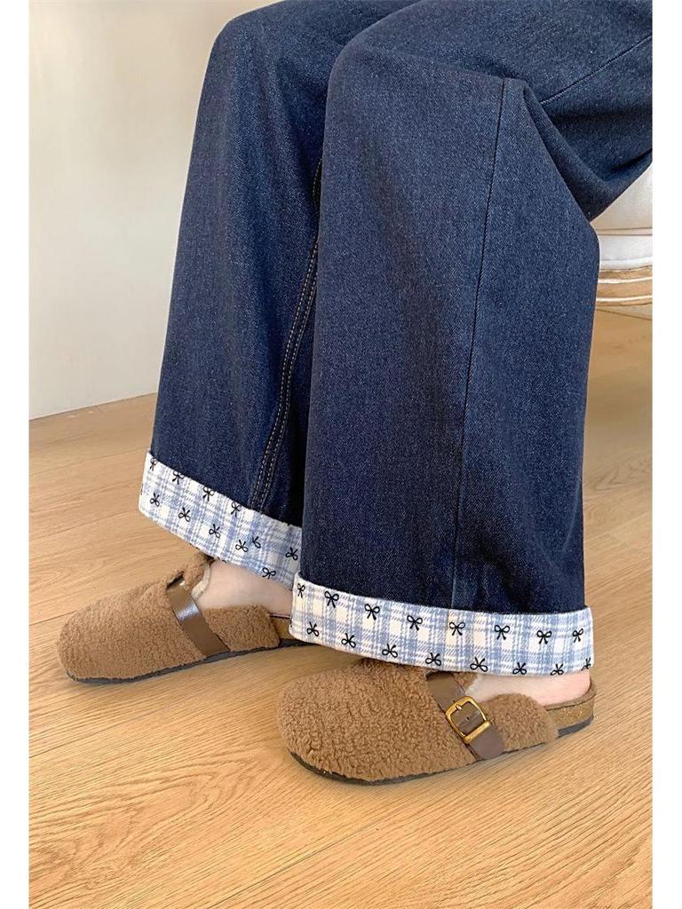 Damen Übergröße Hohe Taille Patchwork Schmetterling Bestickt Weites Bein Jeans