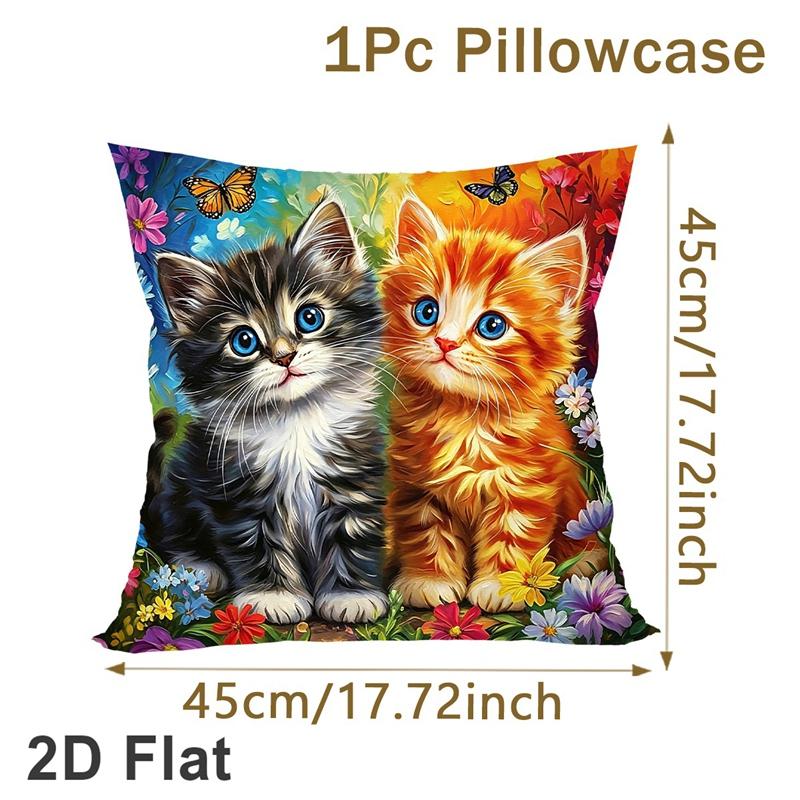 Cute Kitten Pillowcase 45x45cm Peach Skin Fabric Floral Butterfly Cushion Cover Home Decor Pet Lover Gift No Pillow Core