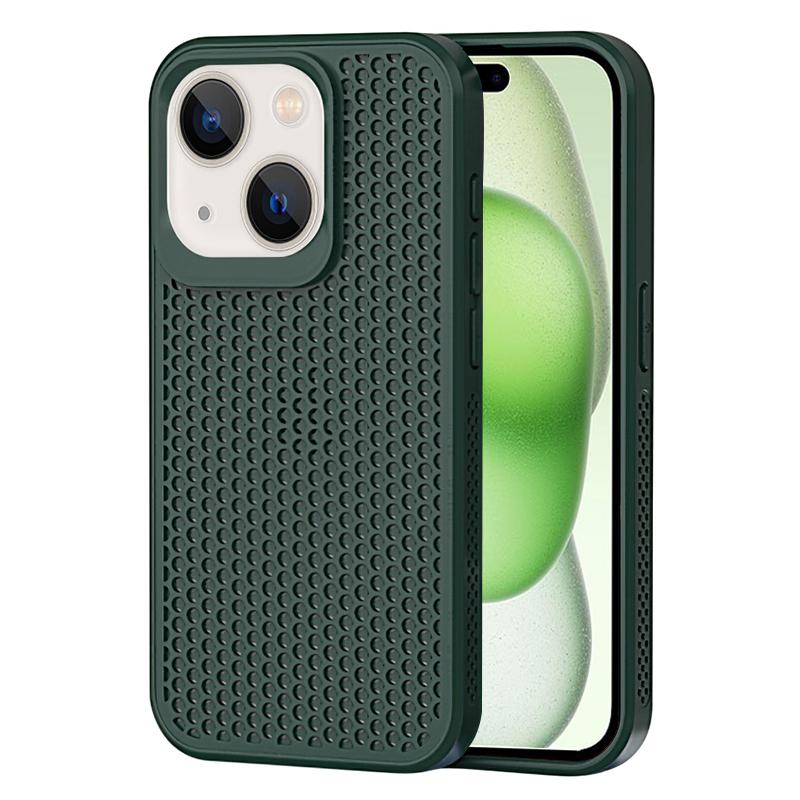 

For iPhone 15 Plus Case Breathable Heat Dissipation Hollow PC+TPU Hybrid Phone Cover Midnight Green
