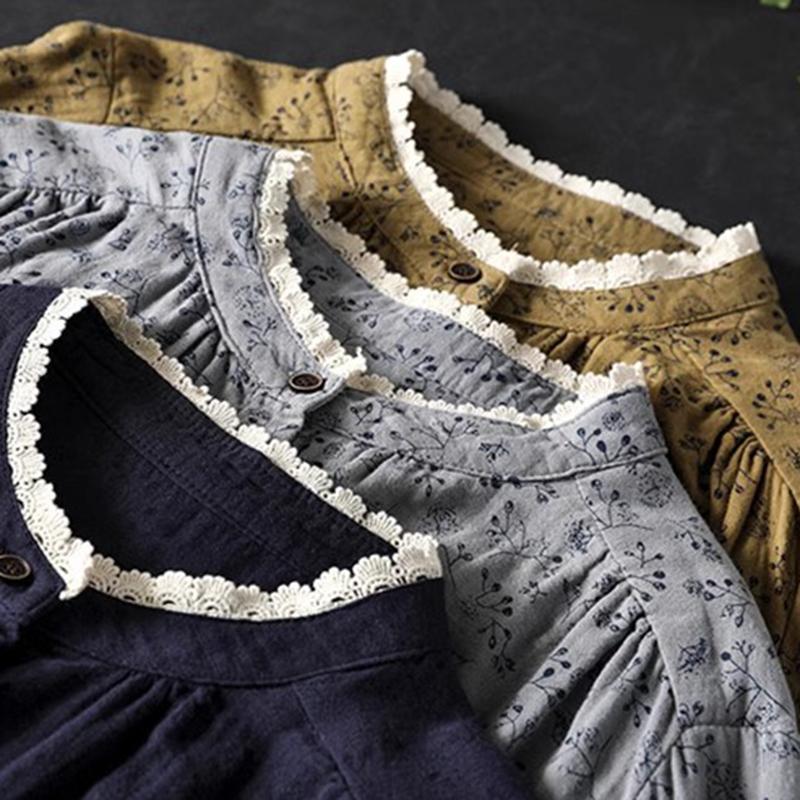 Women Long Sleeve Cotton Shirt Arrival Autumn Vintage Style Lace Stand Collar Loose Female Casual Shirts