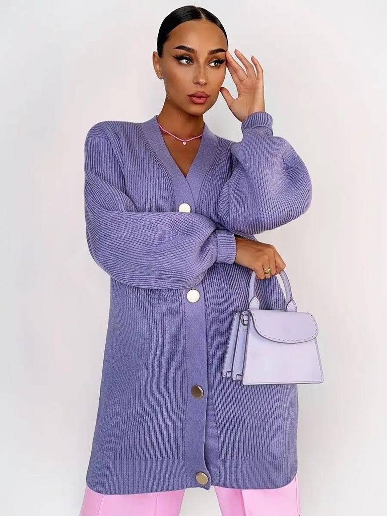 Medium-length Knit Sweater Jacket Female Solid Color Casual Wild Loose V-neck Early Fall Knitted Cardigan Female