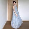 Seaside Vacation Blue Sleeveless Neck Sling Dress Children's Summer New Popular Beautiful Long Dress