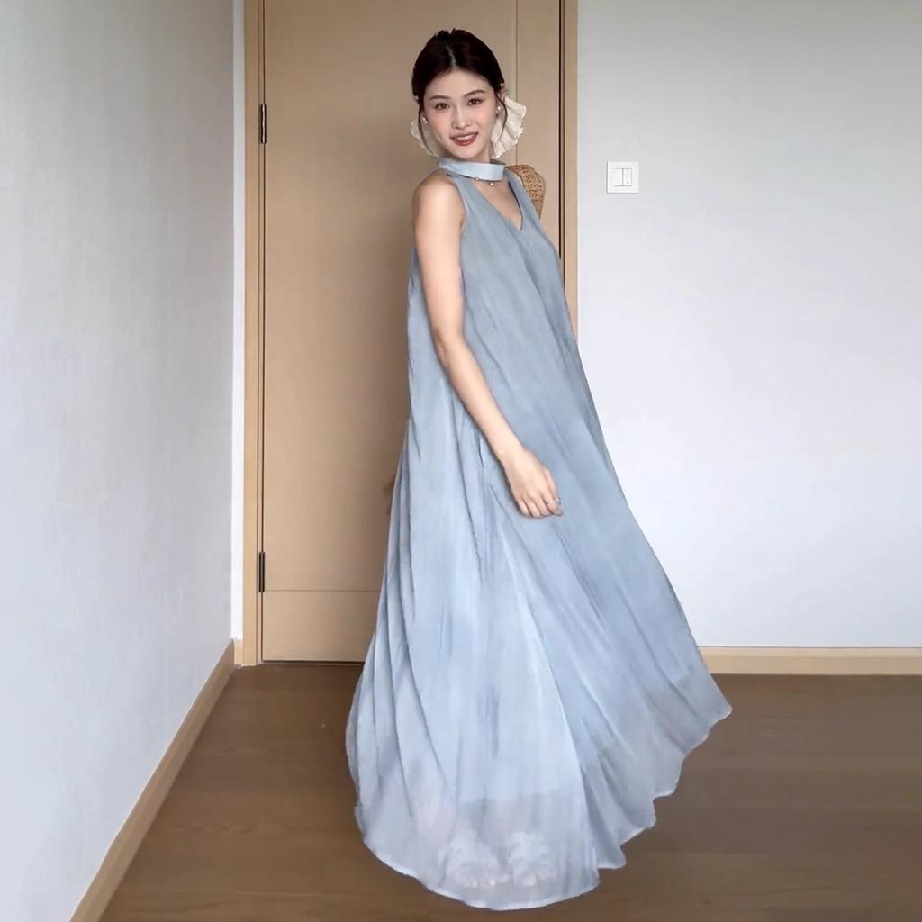 Seaside Vacation Blue Sleeveless Neck Sling Dress Children's Summer New Popular Beautiful Long Dress