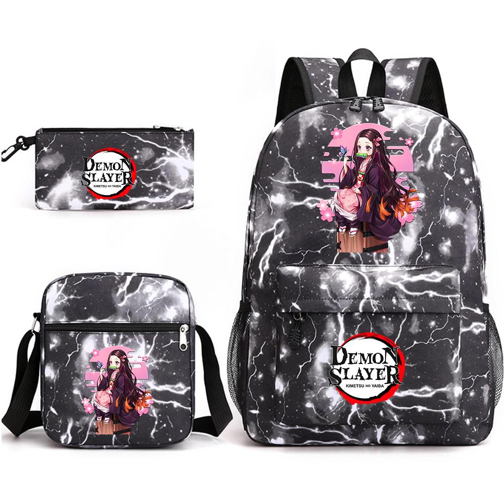 3 Stück/Set Anime Cartoon Demon Slayer Aufdruck Große Kapazität Buchtasche Rucksack mit Umhängetasche Federmäppchen für Schüler Junge Mädchen Schultasche