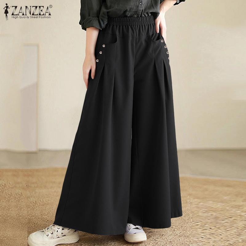 ZANZEA Womens Casual Solid Color Loose Wide Leg Pants