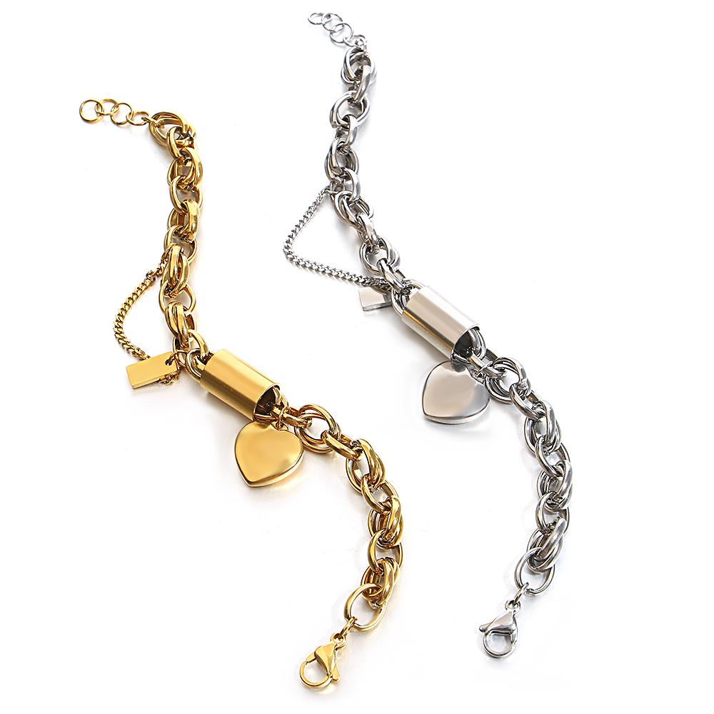 DZ Gold Color Thick Chain Stainless Steel Bracelets for Women Fashion Design Heart Love Pendant Wrist Zircon