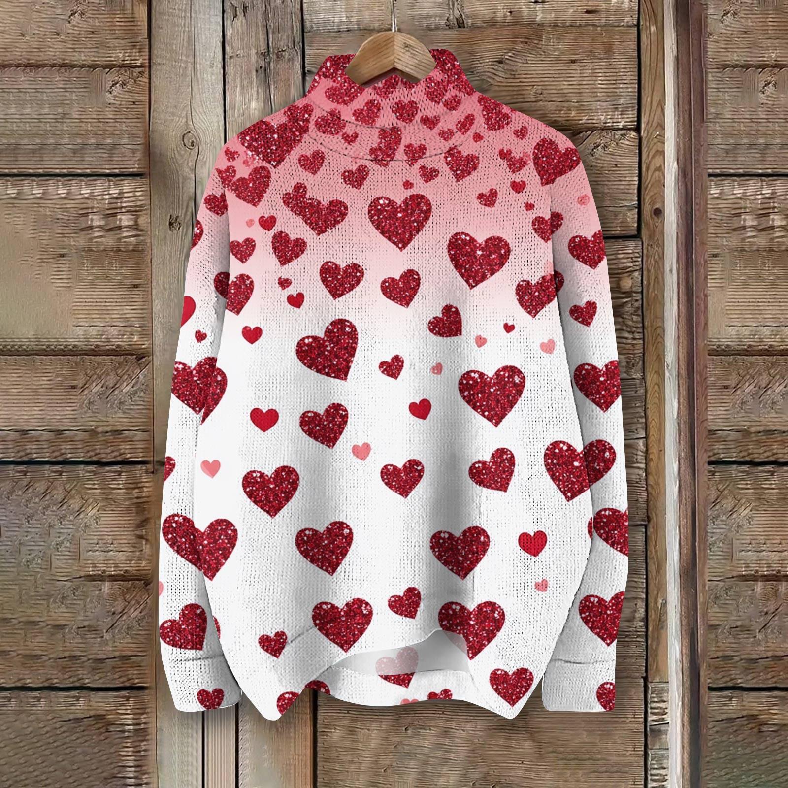 

Женская мода, повседневная водолазка с круглым вырезом и длинными рукавами, с принтом ко Дню святого Валентина, трикотажный топ XXL винный