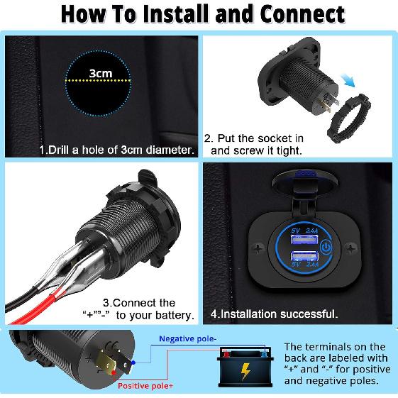 Dual USB Socket 12V Marine Outlet with Switch Golf Cart USB Port 12 Volt DC Car Charger Mount Waterproof Cigarette Lighter Power Adapter DIY Kit Fast