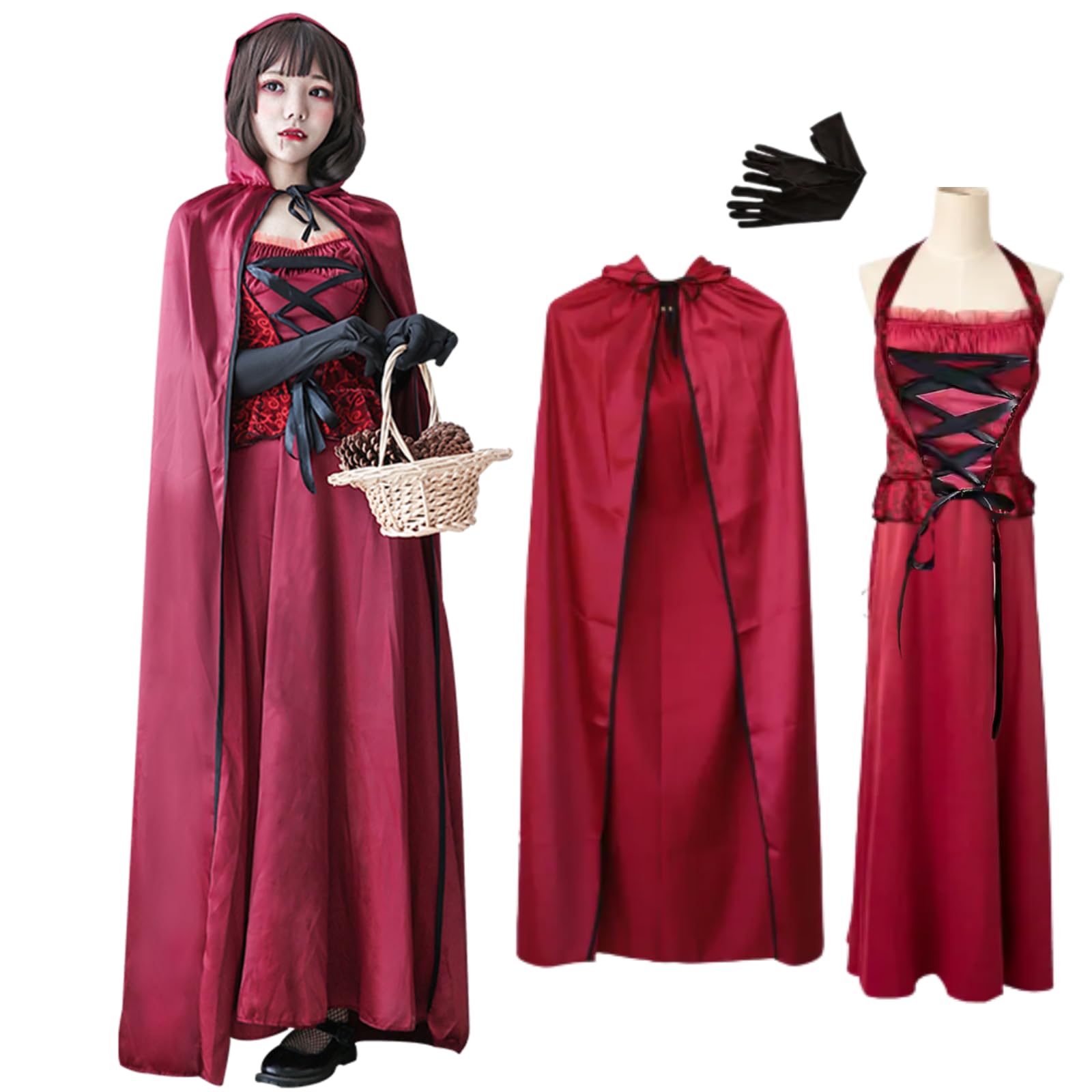 

[Milky Time] Little Red Riding Hood Halloween Cosplay Costume, Long Dress with Cloak