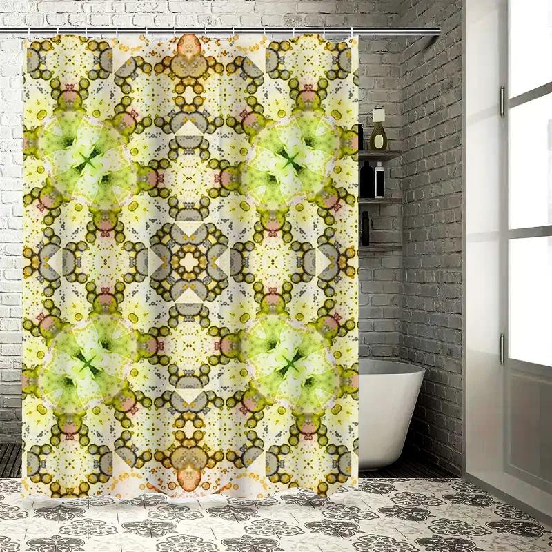 Modern Style Bath Curtain with Floral Pattern Watercolor Print for Home Decor in Green Yellow Colors Polyester Shower Curtain in