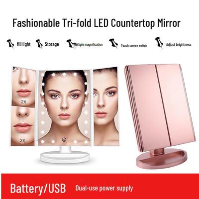LED-Klapp-Schminkspiegel für den Schreibtisch mit 2-facher/3-facher Vergrößerung, Dual-Stromversorgung, Touch-Dimmfunktion, Dreifach-Falt-Design