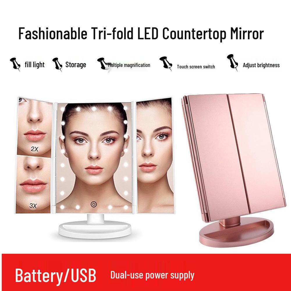 LED Desktop Folding Vanity Mirror with 2X/3X Magnification, Dual Power, Touch Dimming, Tri-Fold Design