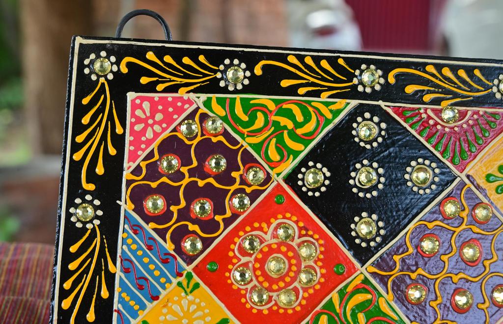 Hand-Painted Indian Folk Art Panel: Boho Wall Decor with Mirror